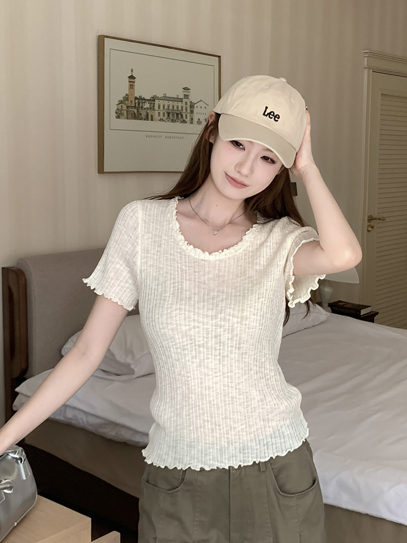 實拍~韓系花邊領彈力針織短袖T恤女設計感小眾小上衣2026春夏新款