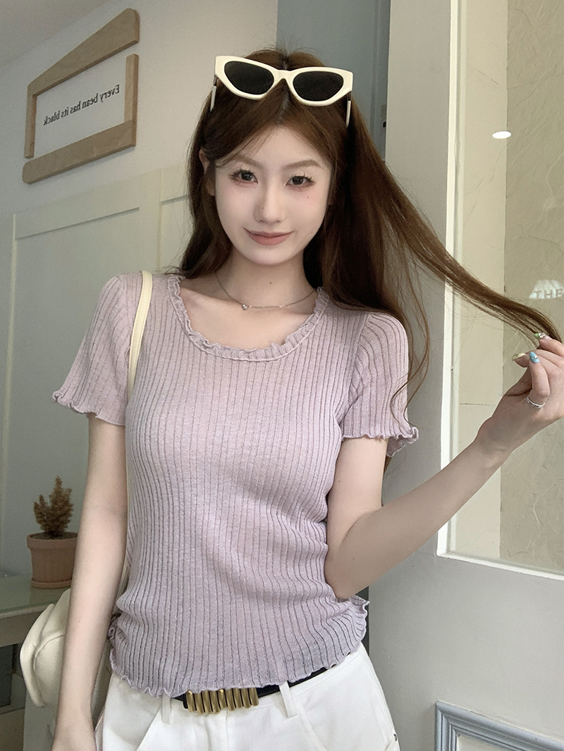 實拍~韓系花邊領彈力針織短袖T恤女設計感小眾小上衣2026春夏新款