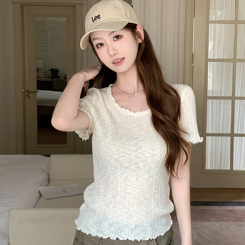 實拍~韓系花邊領彈力針織短袖T恤女設計感小眾小上衣2026春夏新款