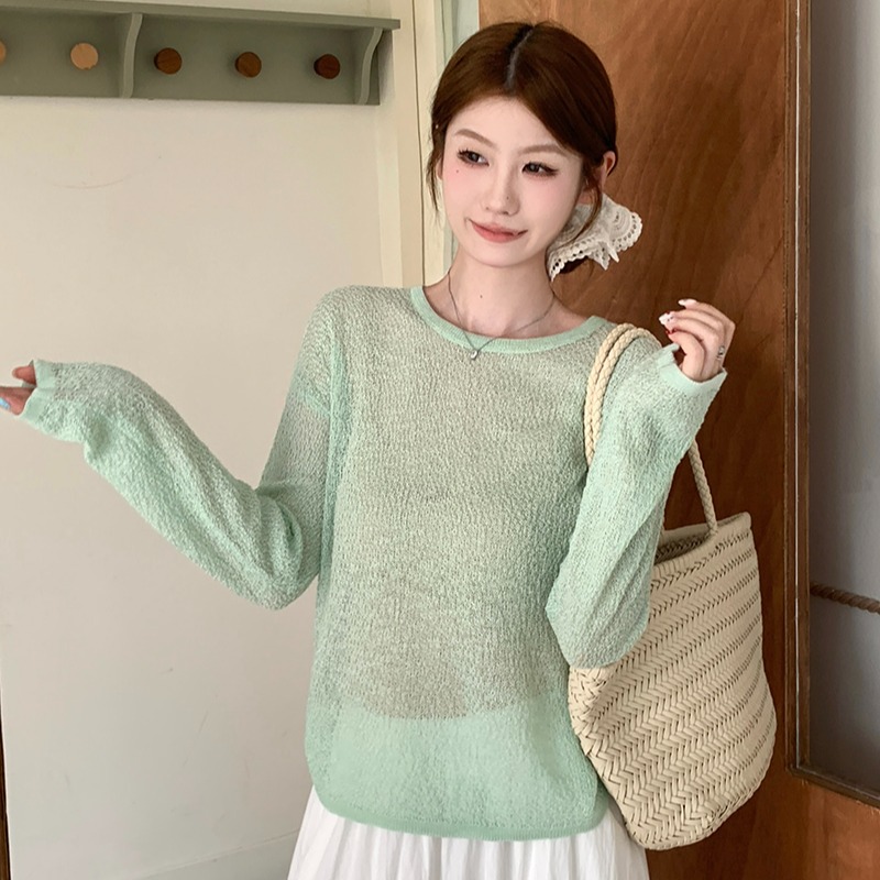 實拍~2026夏季圓領長袖針織衫女寬松百搭防曬上衣