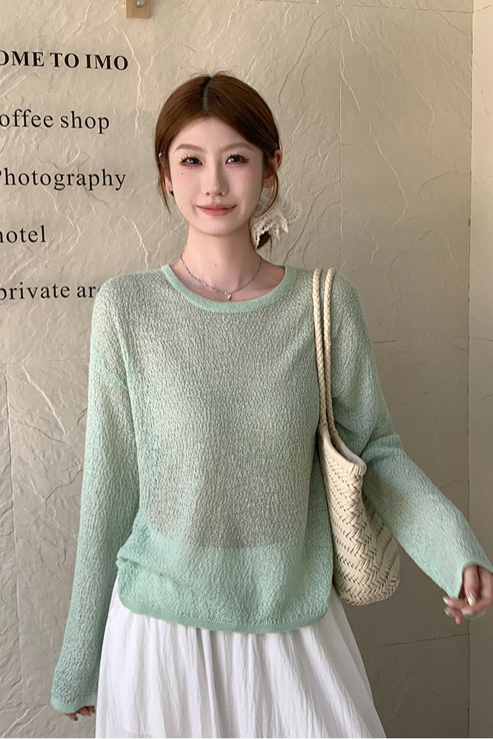 實拍~2026夏季圓領長袖針織衫女寬松百搭防曬上衣