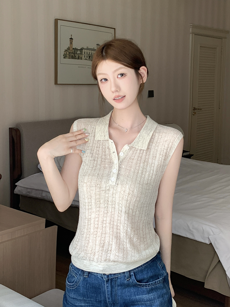實拍~Polo領半開扣針織背心女2026夏豎坑條修身顯瘦氣質無袖上衣