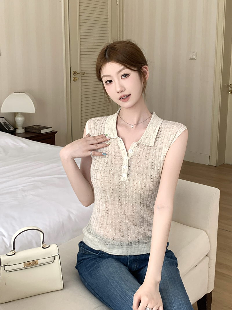 實拍~Polo領半開扣針織背心女2026夏豎坑條修身顯瘦氣質無袖上衣