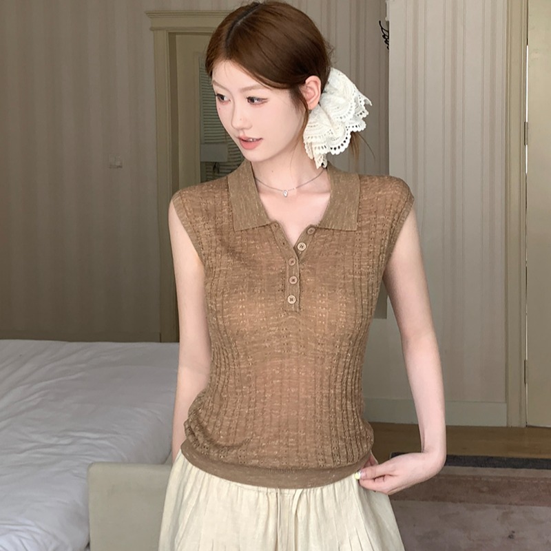 實拍~Polo領半開扣針織背心女2026夏豎坑條修身顯瘦氣質無袖上衣