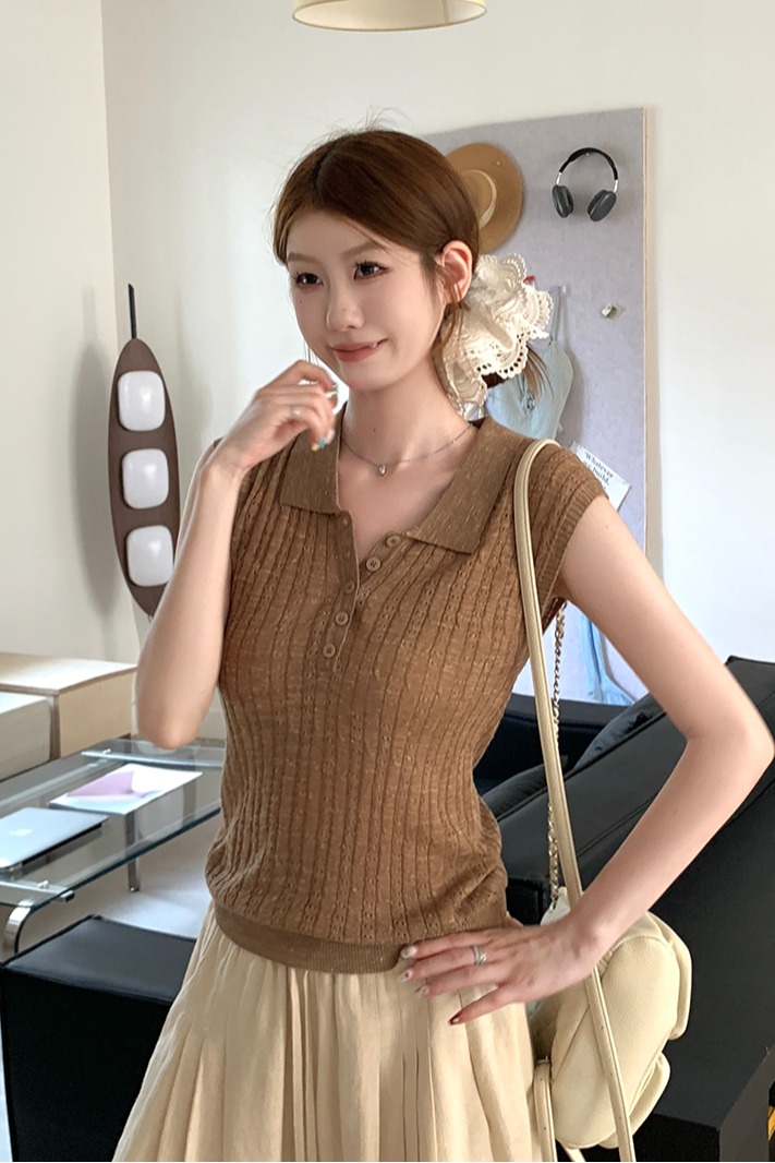 實拍~Polo領半開扣針織背心女2026夏豎坑條修身顯瘦氣質無袖上衣