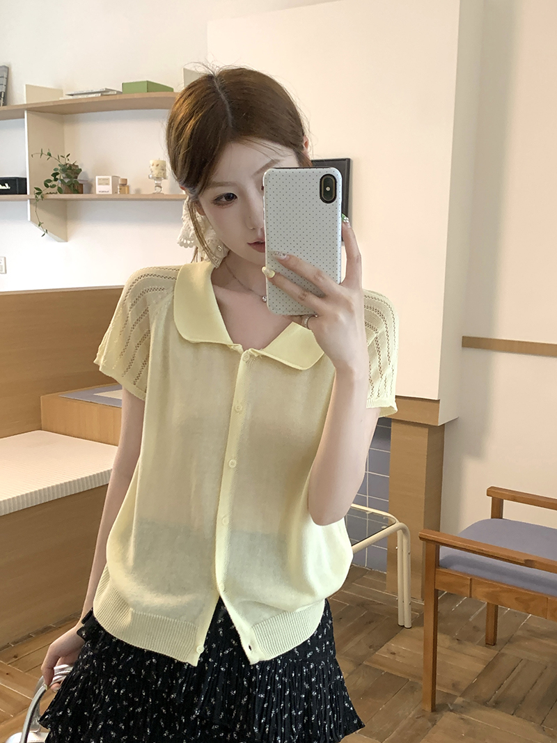 實拍~夏季翻領短袖針織開衫女寬松薄款小個子短款上衣