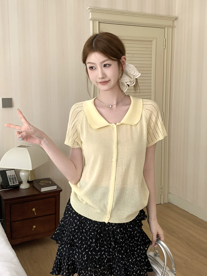 實拍~夏季翻領短袖針織開衫女寬松薄款小個子短款上衣
