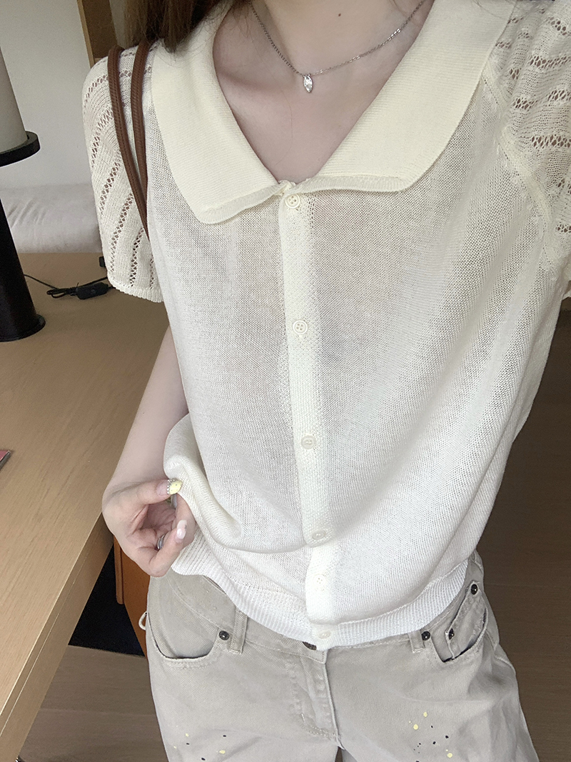實拍~夏季翻領短袖針織開衫女寬松薄款小個子短款上衣