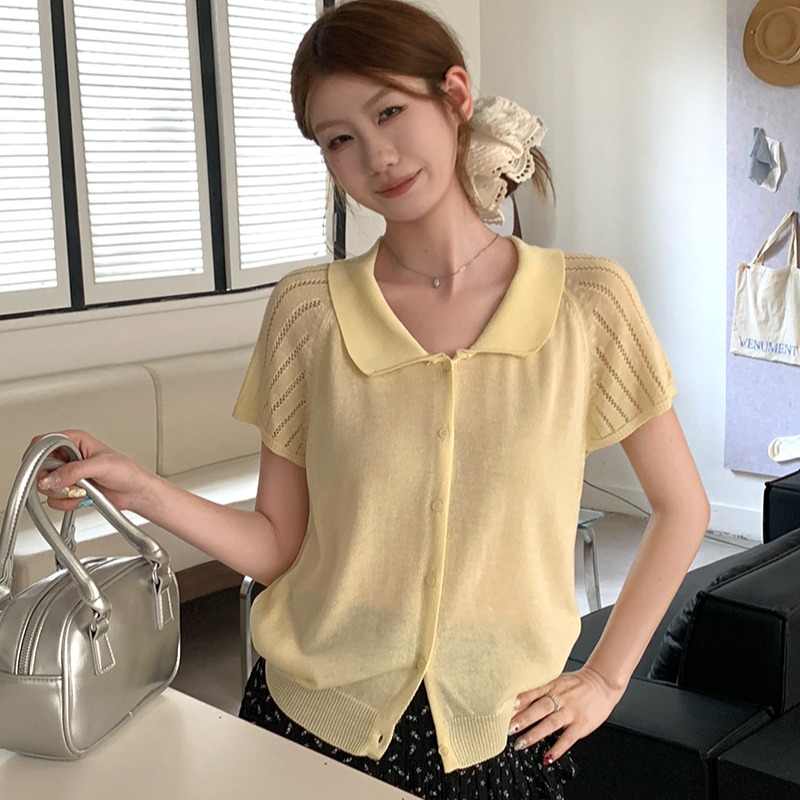 實拍~夏季翻領短袖針織開衫女寬松薄款小個子短款上衣