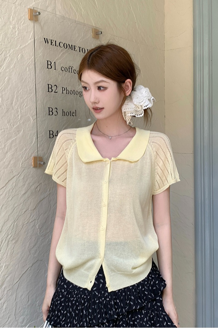 實拍~夏季翻領短袖針織開衫女寬松薄款小個子短款上衣