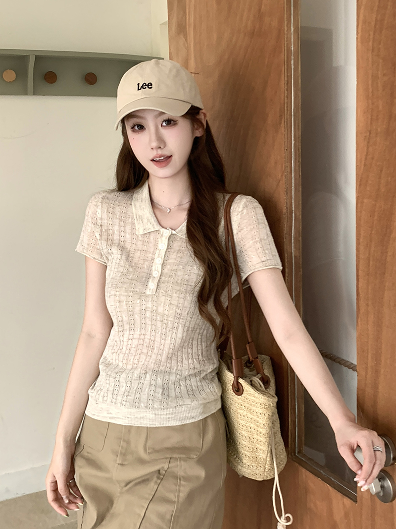 實拍~時尚休閑polo領短袖t恤針織衫女夏季2026修身顯瘦百搭上衣薄