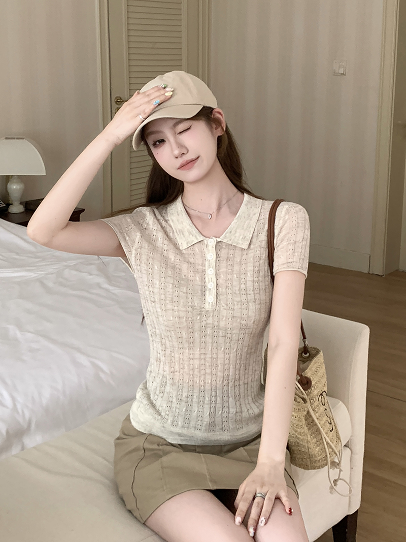 實拍~時尚休閑polo領短袖t恤針織衫女夏季2026修身顯瘦百搭上衣薄