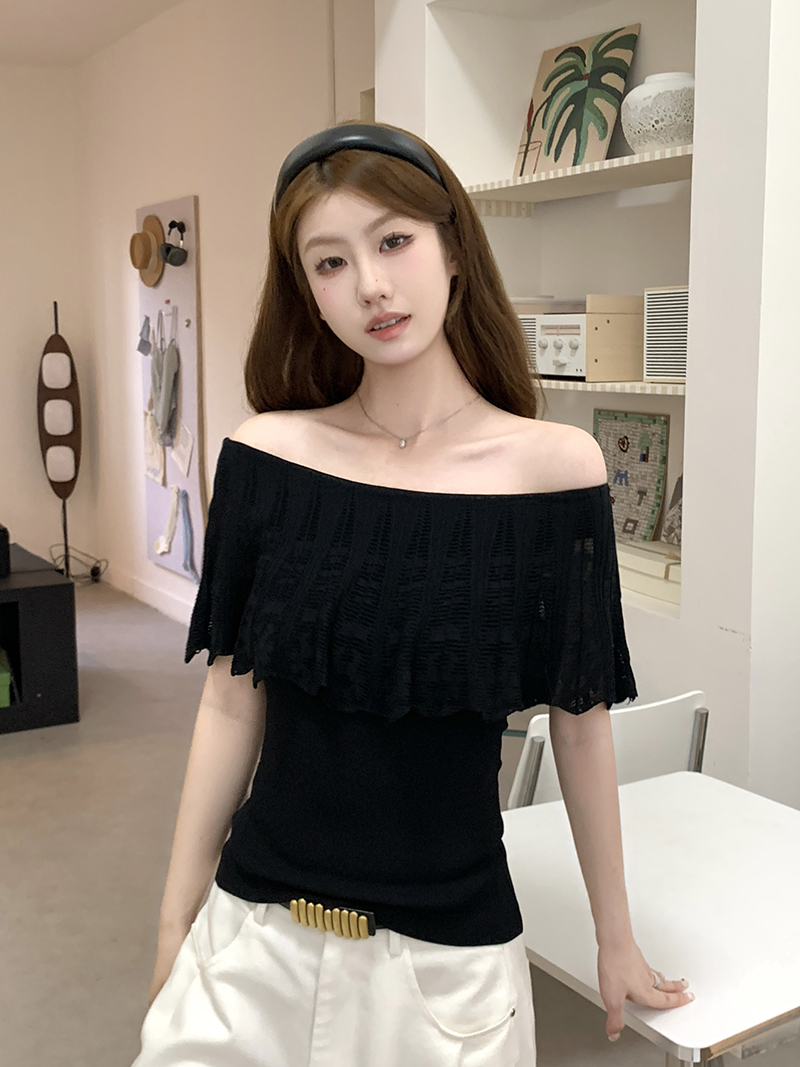 實拍~一字領荷葉邊針織短袖T恤女2026夏鏤空扇形收腰顯瘦氣質上衣