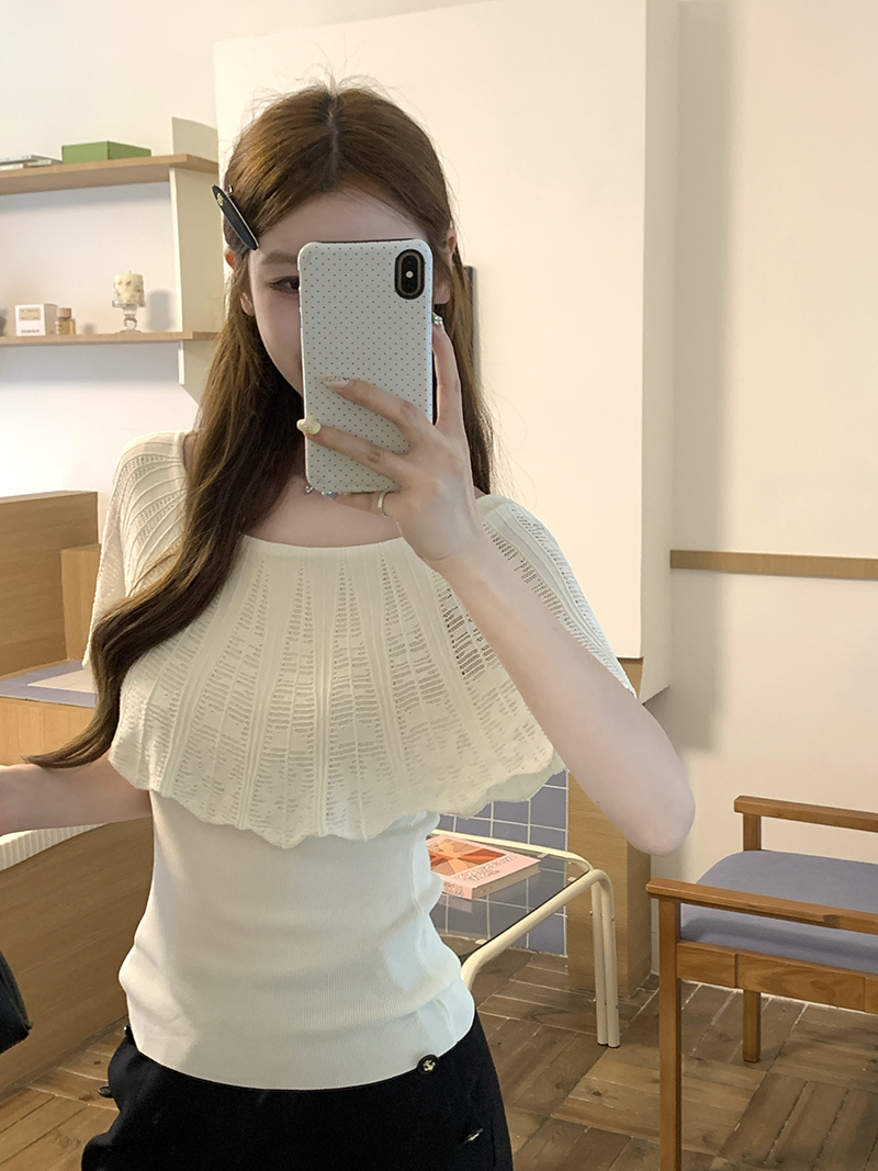 實拍~一字領荷葉邊針織短袖T恤女2026夏鏤空扇形收腰顯瘦氣質上衣