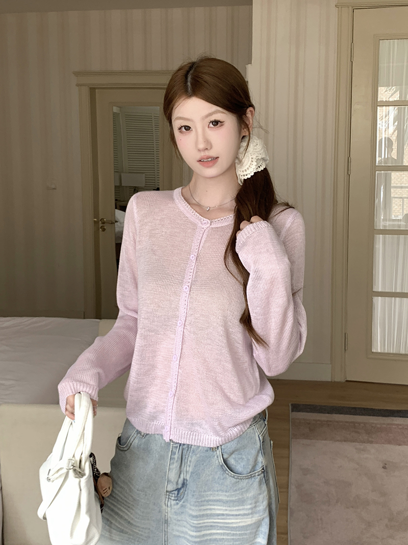實拍~溫柔韓系薄款開衫女夏長袖針織衫圓領百搭防曬涼感上衣外套