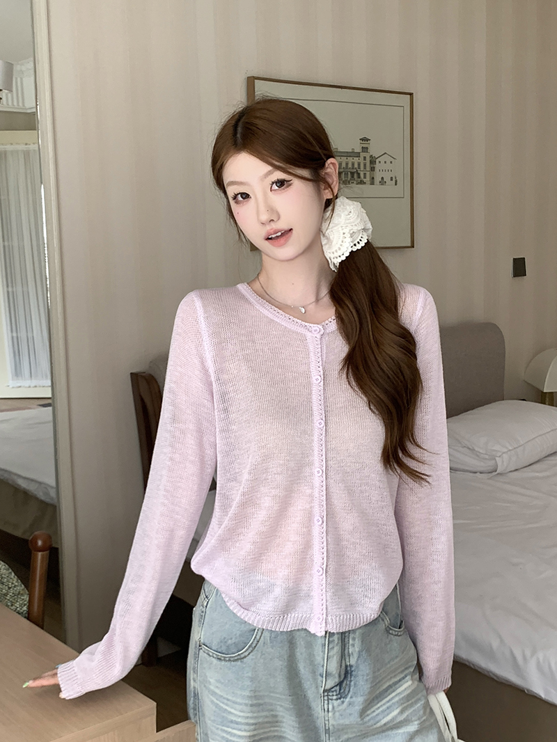 實拍~溫柔韓系薄款開衫女夏長袖針織衫圓領百搭防曬涼感上衣外套