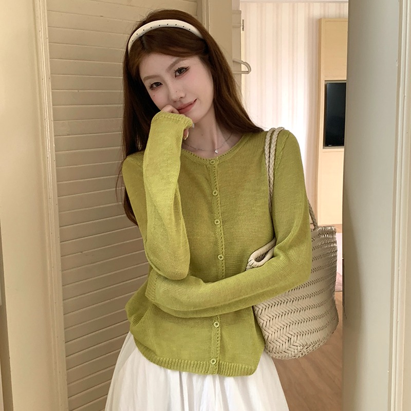 實拍~溫柔韓系薄款開衫女夏長袖針織衫圓領百搭防曬涼感上衣外套