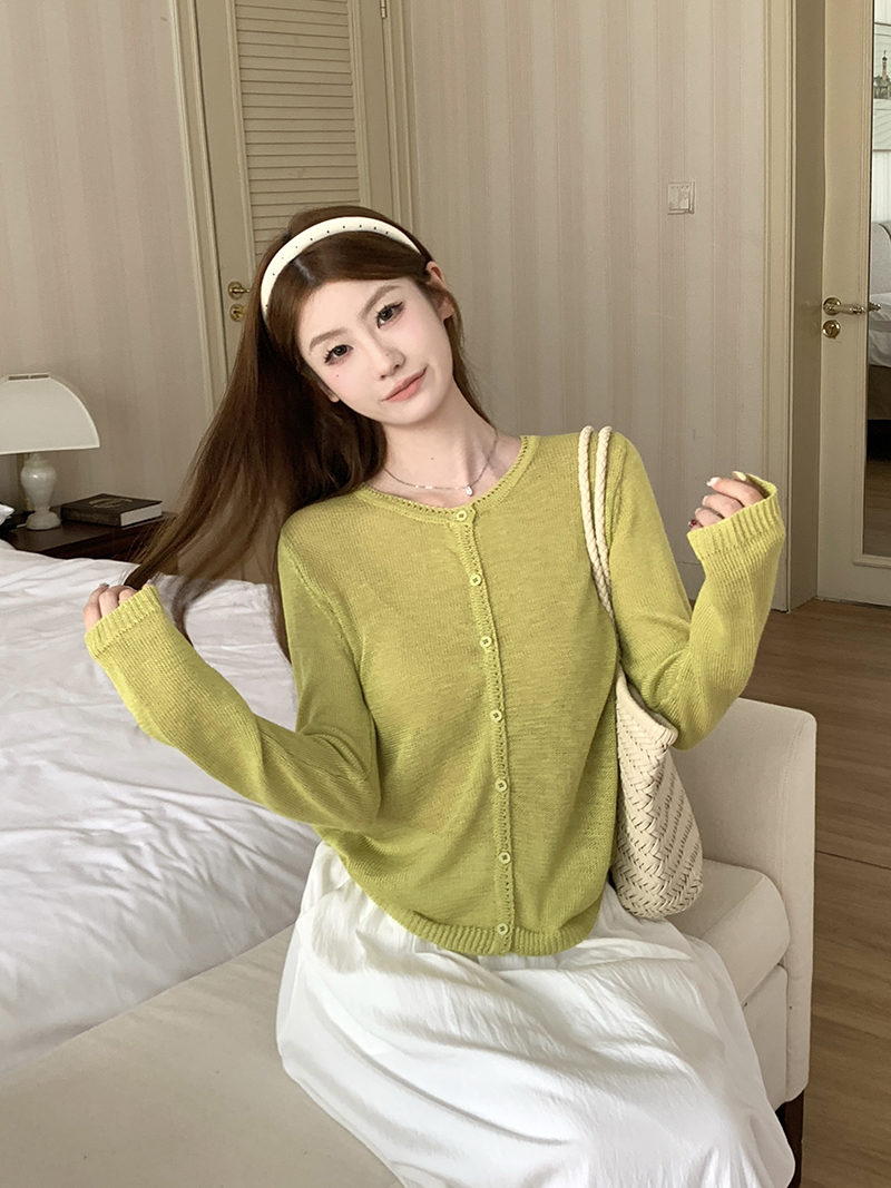 實拍~溫柔韓系薄款開衫女夏長袖針織衫圓領百搭防曬涼感上衣外套
