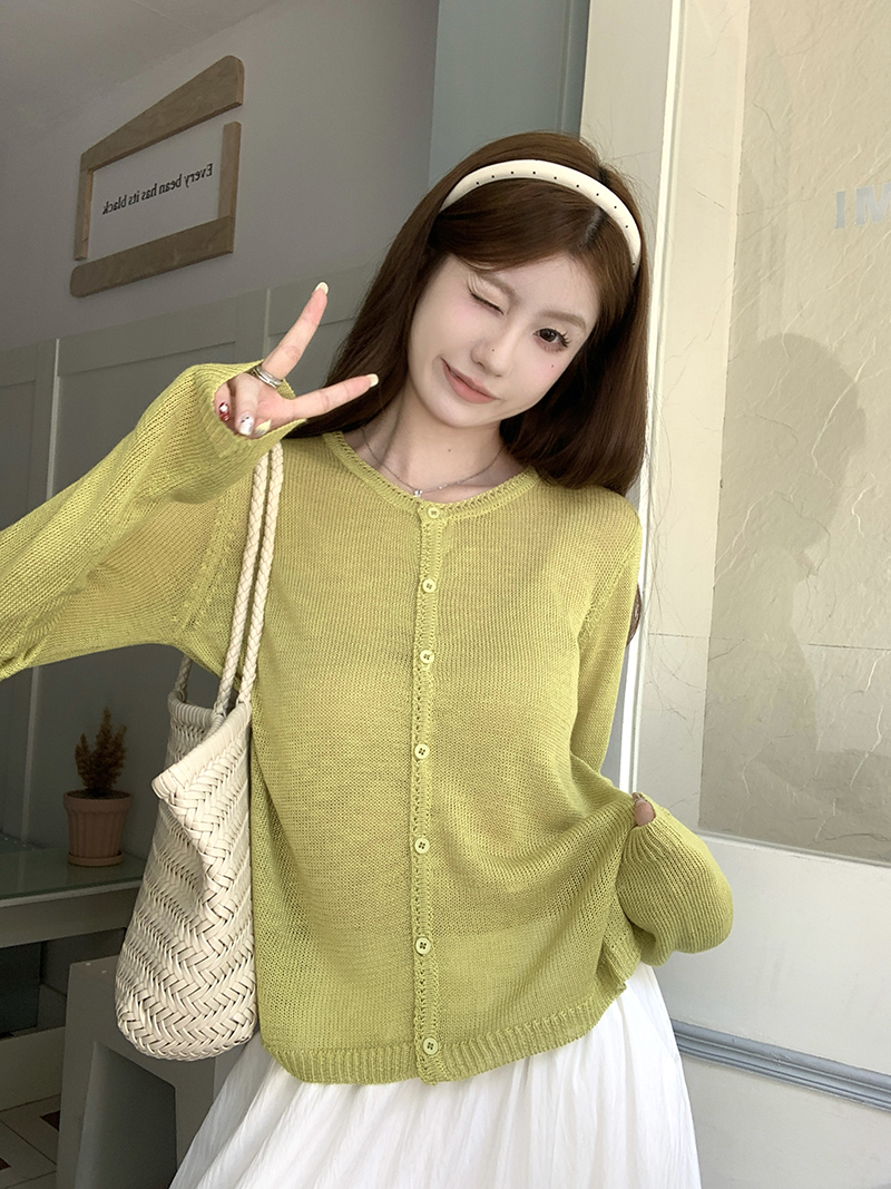 實拍~溫柔韓系薄款開衫女夏長袖針織衫圓領百搭防曬涼感上衣外套