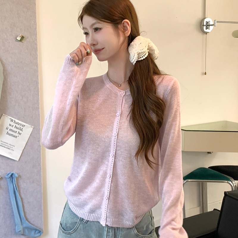 實拍~溫柔韓系薄款開衫女夏長袖針織衫圓領百搭防曬涼感上衣外套