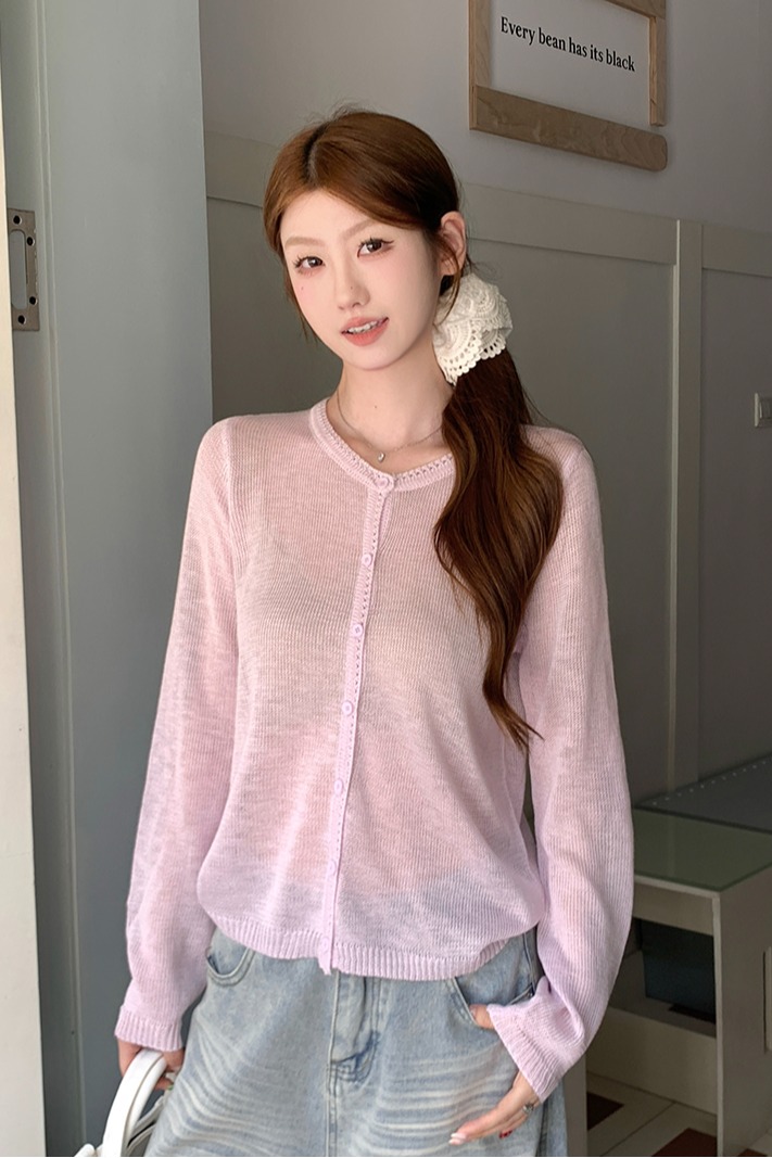 實拍~溫柔韓系薄款開衫女夏長袖針織衫圓領百搭防曬涼感上衣外套