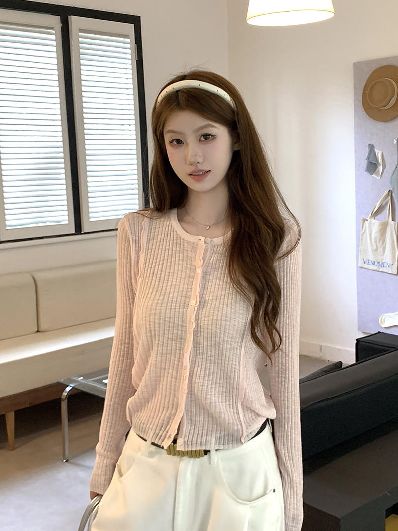 實拍~韓系木耳邊坑條針織開衫女2026春夏新款顯瘦百搭薄款外搭