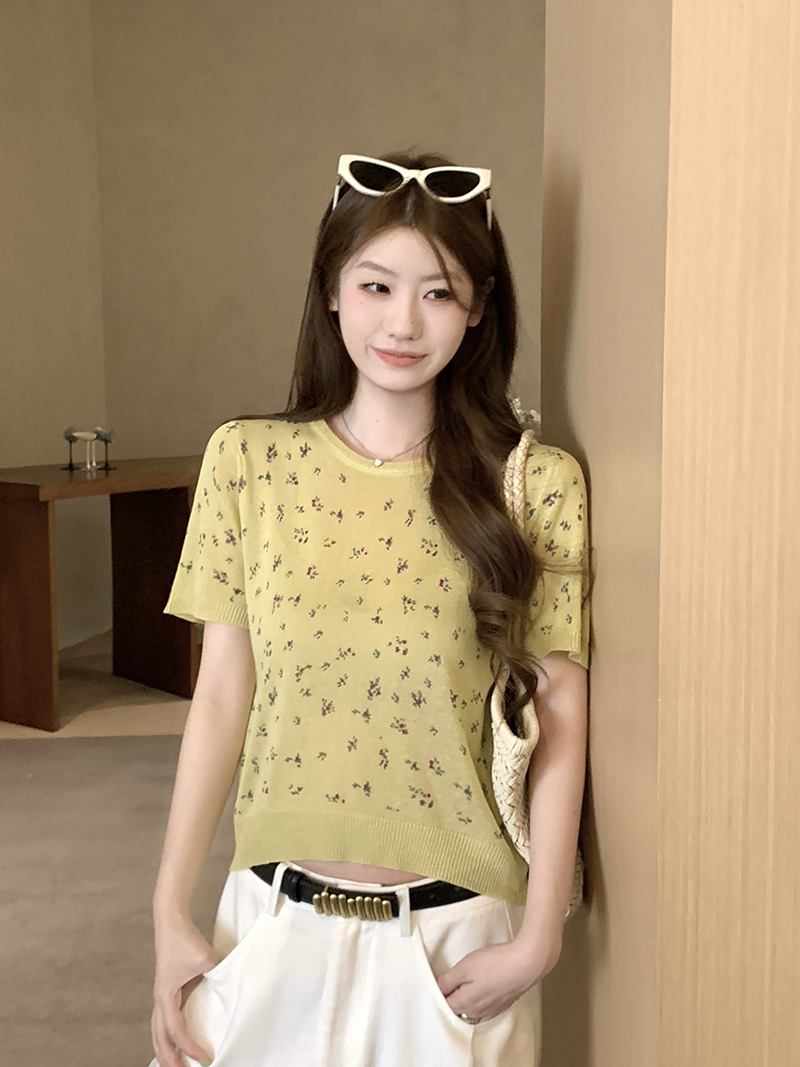 實拍~奶油系復古少女碎花針織短袖女2026夏季新款甜美減齡上衣潮