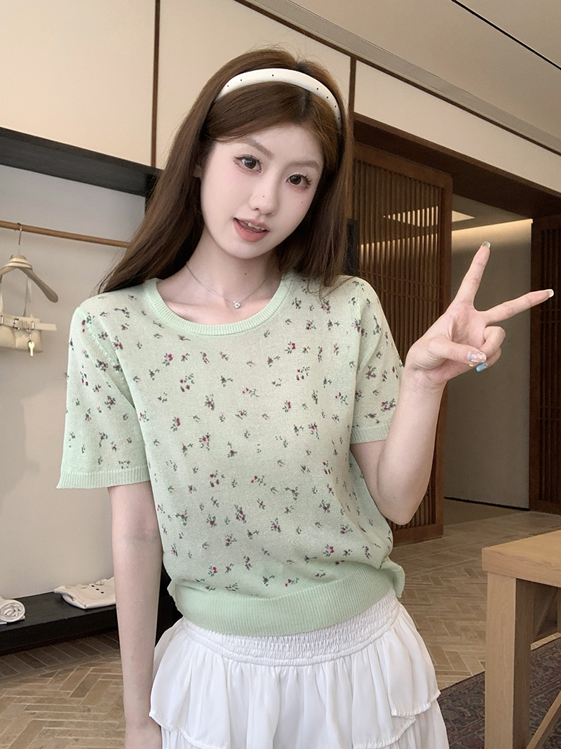 實拍~奶油系復古少女碎花針織短袖女2026夏季新款甜美減齡上衣潮