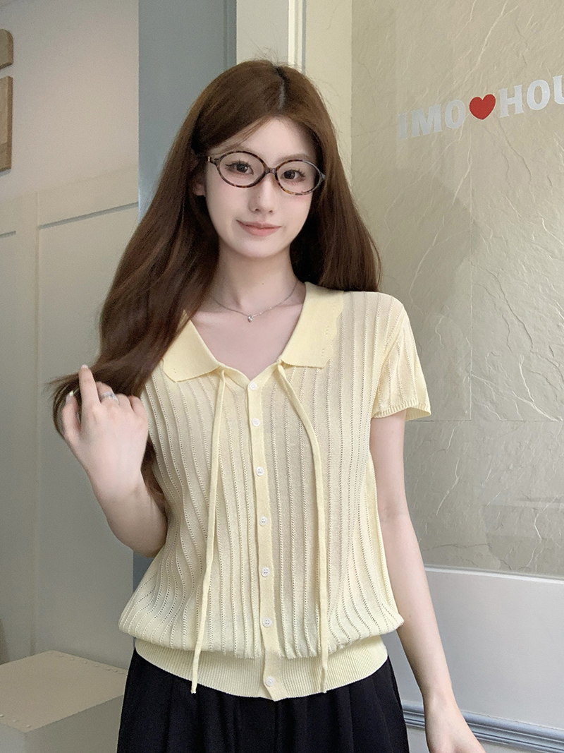 實拍~夏季休閑百搭氣質清新翻領短袖女針織開衫可愛減齡上衣