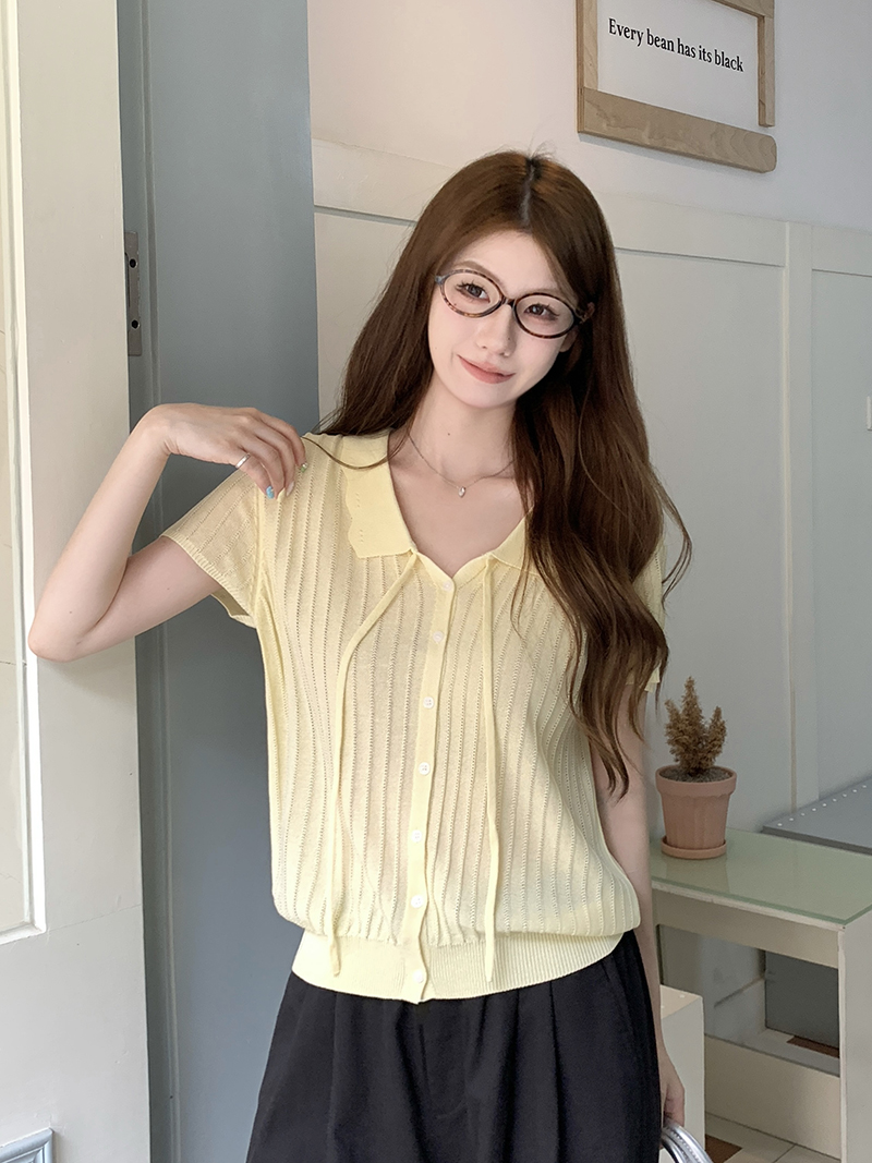 實拍~夏季休閑百搭氣質清新翻領短袖女針織開衫可愛減齡上衣