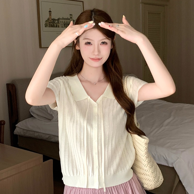實拍~夏季休閑百搭氣質清新翻領短袖女針織開衫可愛減齡上衣