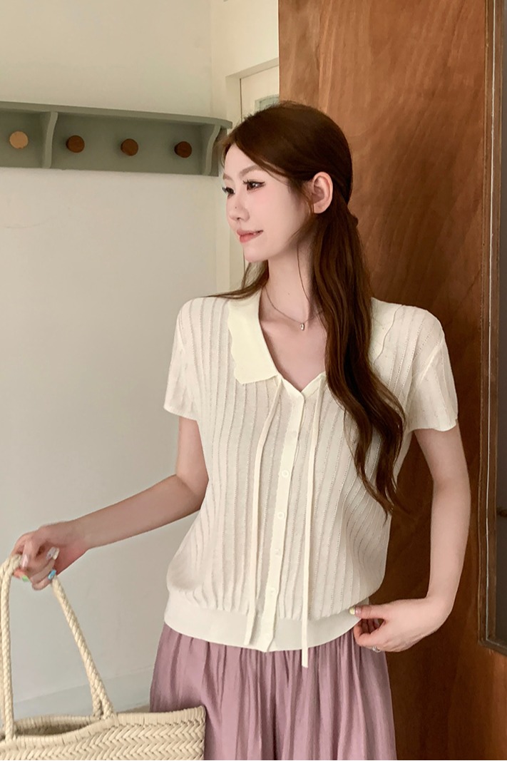 實拍~夏季休閑百搭氣質清新翻領短袖女針織開衫可愛減齡上衣