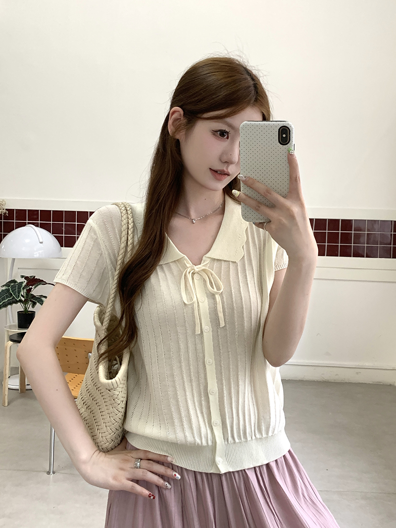 實拍~夏季休閑百搭氣質清新翻領短袖女針織開衫可愛減齡上衣
