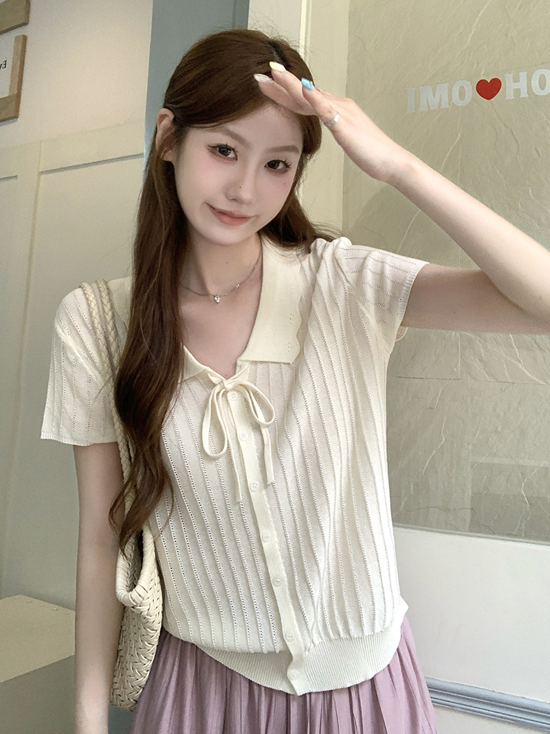實拍~夏季休閑百搭氣質清新翻領短袖女針織開衫可愛減齡上衣