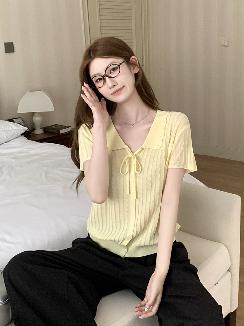 實拍~夏季休閑百搭氣質清新翻領短袖女針織開衫可愛減齡上衣