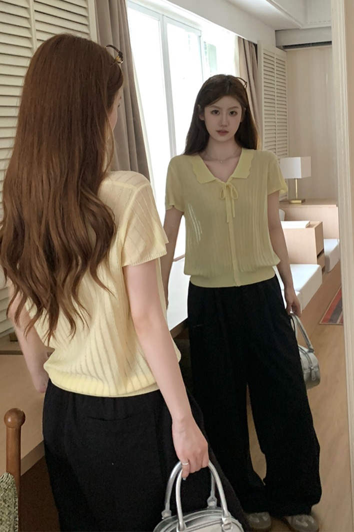 實拍~夏季休閑百搭氣質清新翻領短袖女針織開衫可愛減齡上衣