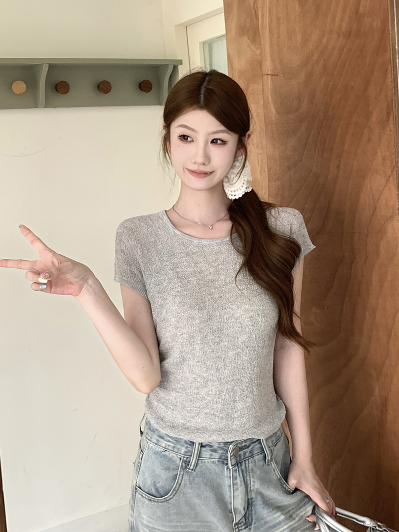 實拍~圓領抽繩收腰針織短袖T恤女2026夏新小飛袖修身顯瘦氣質上衣