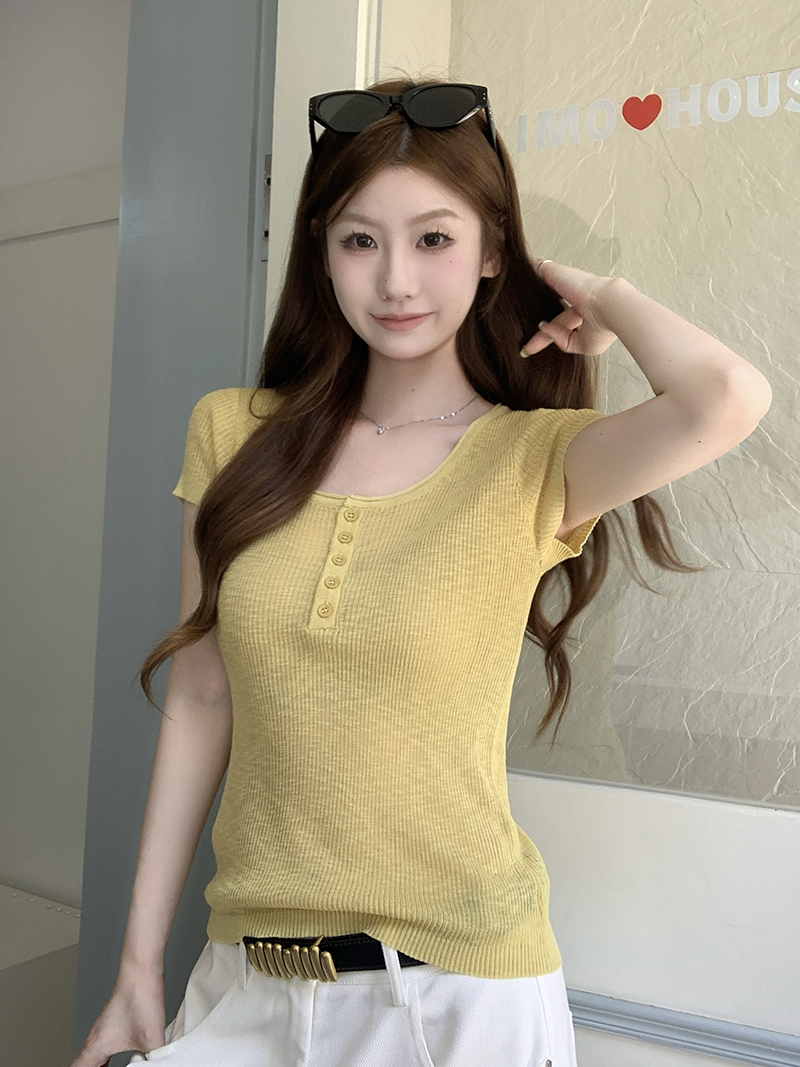 實拍~圓領針織短袖T恤女夏季薄款修身顯瘦打底衫內搭上衣