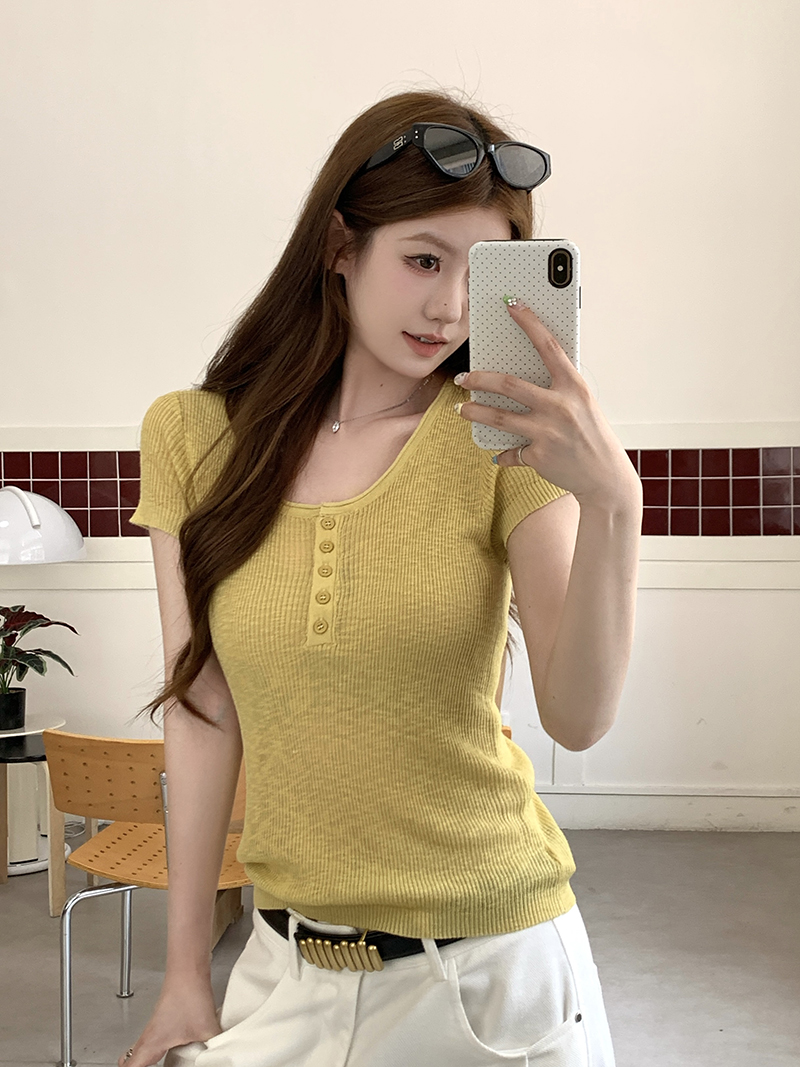 實拍~圓領針織短袖T恤女夏季薄款修身顯瘦打底衫內搭上衣