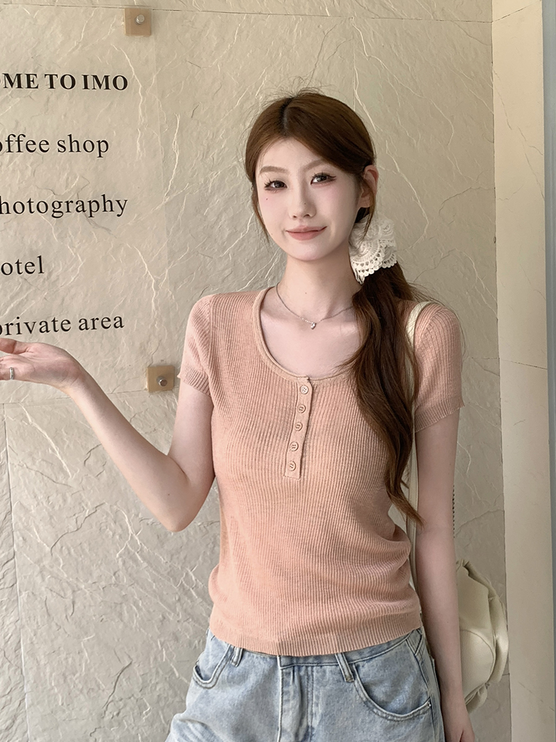 實拍~圓領針織短袖T恤女夏季薄款修身顯瘦打底衫內搭上衣