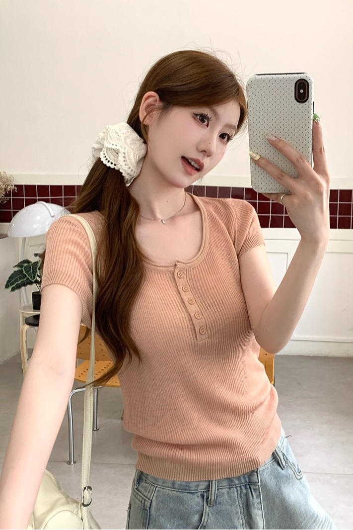 實拍~圓領針織短袖T恤女夏季薄款修身顯瘦打底衫內搭上衣