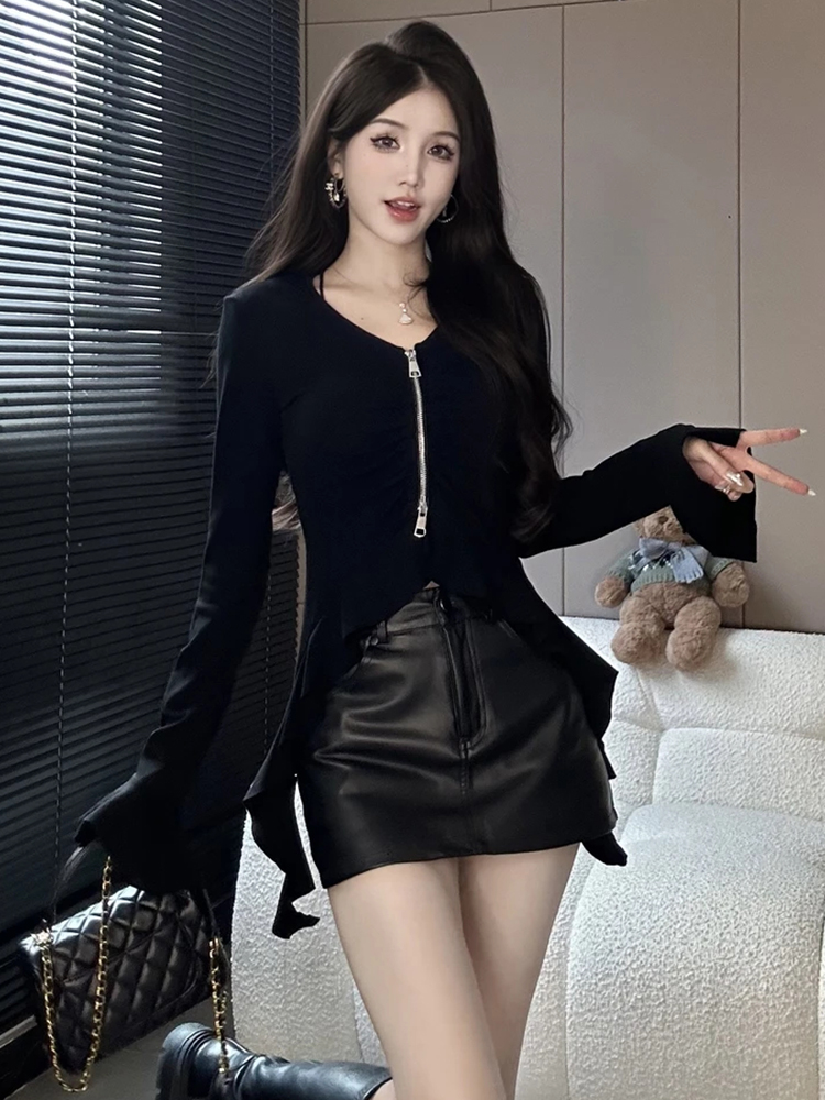 MY13525# 随心裁莫代1*1 性感纯欲双拉链褶皱长袖T恤女秋女裝貨源...