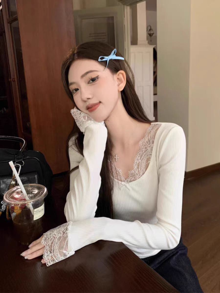 MY13530# 罗纹 蕾丝拼接打底衫修身显瘦纯欲辣妹长袖女裝貨源服裝批發