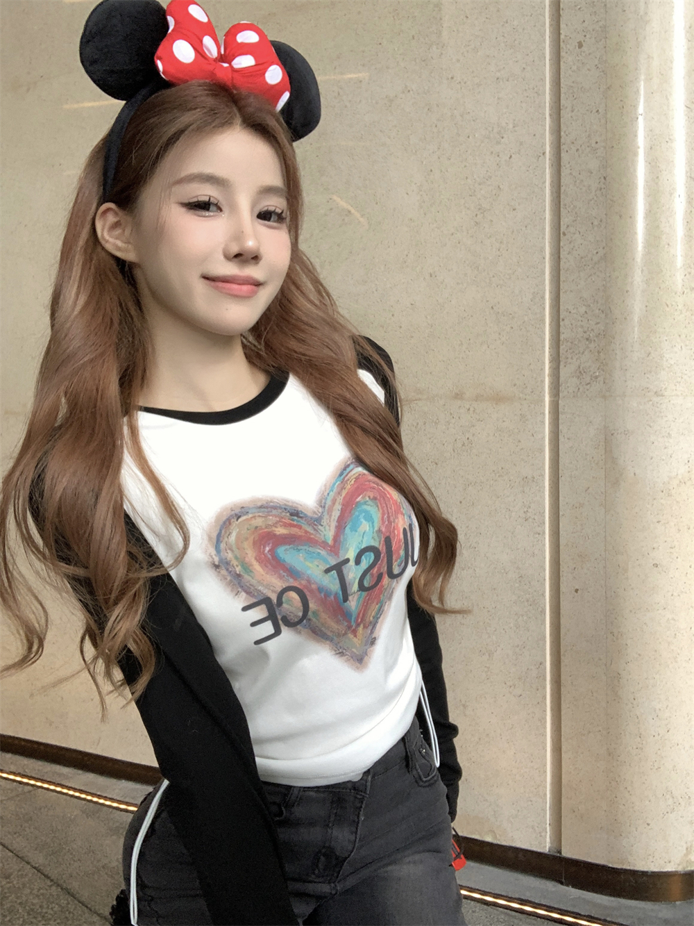 MY13529# 罗纹 抽绳撞色长袖T恤女秋季复古爱心印花女裝貨源服裝批發
