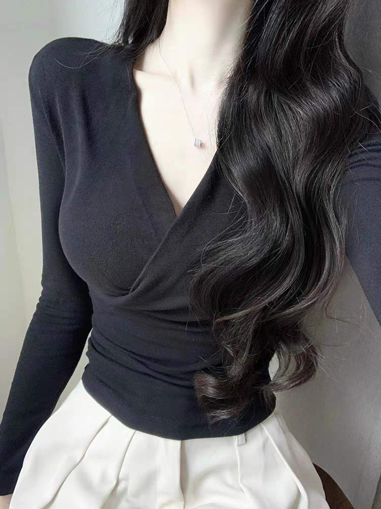 MY13526# 德绒 V领交叉长袖T恤女春秋修身辣妹上衣女裝貨源服裝批發