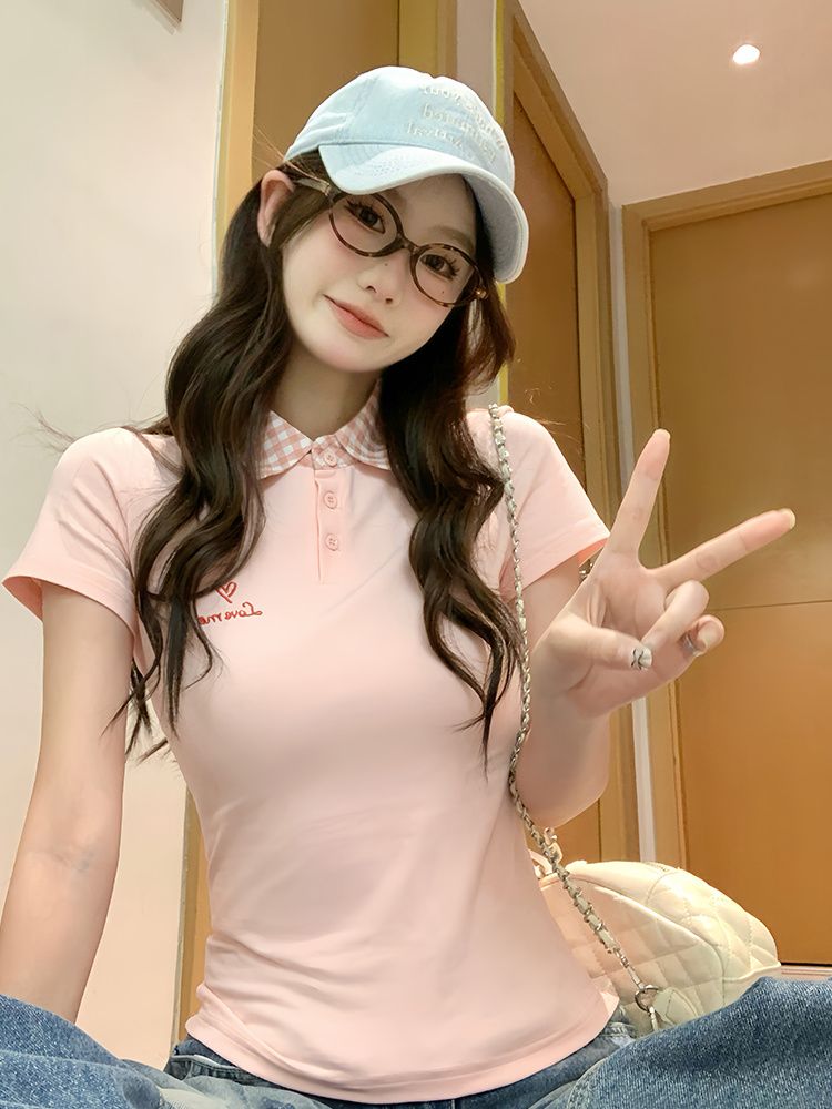 MY11120# 40支纯棉粉色立领短袖t恤女夏季修身显瘦polo衫甜美漂亮短款上衣女裝貨源服裝批發
