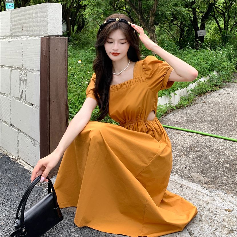 FA33035# 夏季新款收腰小众女裙泡泡袖气质显瘦连衣裙过膝中长款裙子 服裝批發女裝批發服飾貨源