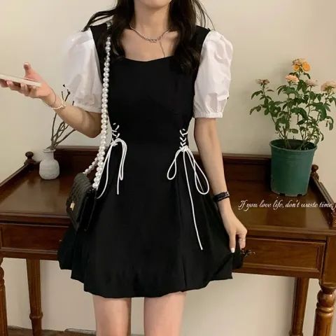 MY11239# 茶歇法式森系赫本风黑色泡泡袖连衣裙子女夏季小众设计绑带蓬...