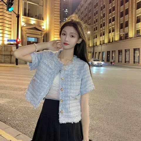 FA33032# 小香风外套女装秋冬新款粗花呢流苏短款百搭宽松洋气短袖上衣 服裝批發女裝批發服飾貨源