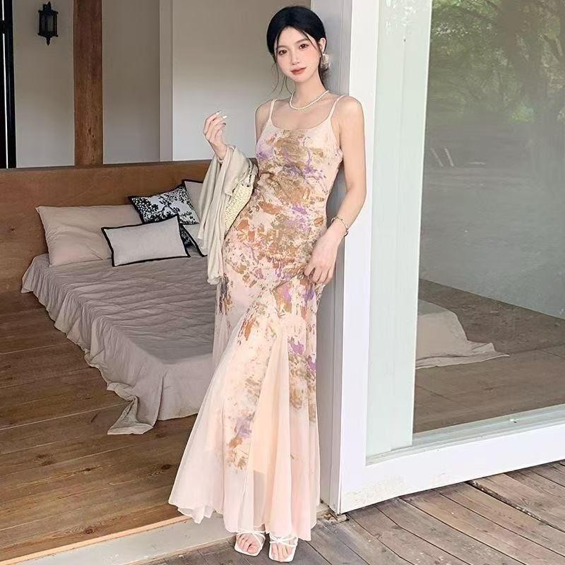 MY12947# 法式碎花吊带连衣裙女夏季温柔修身拼接鱼尾长裙气质收腰包臀...
